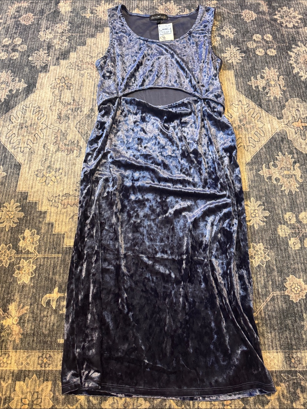 Derek Heart Navy Crushed Velvet Midi Dress with Front Cutout